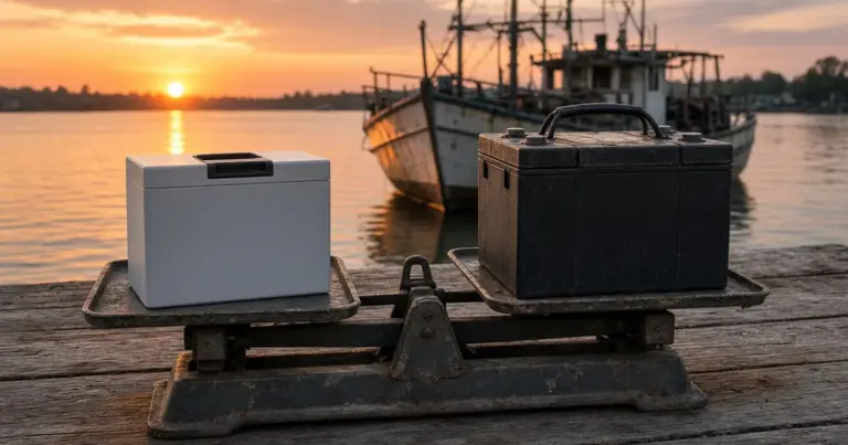 Light lithium battery and a heavier lead-acid battery on an old balance scale on a dock at sunset, fishing boat behind