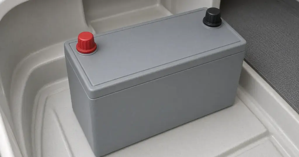 Clean gray lithium battery with red and black terminals in a white boat compartment