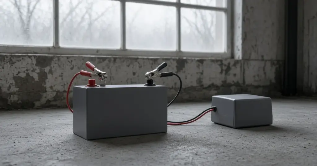 Lithium battery connected to a charger on a concrete floor under a frosty window