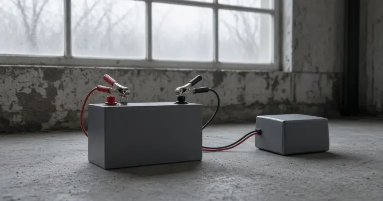 Lithium battery connected to a charger on a concrete floor under a frosty window