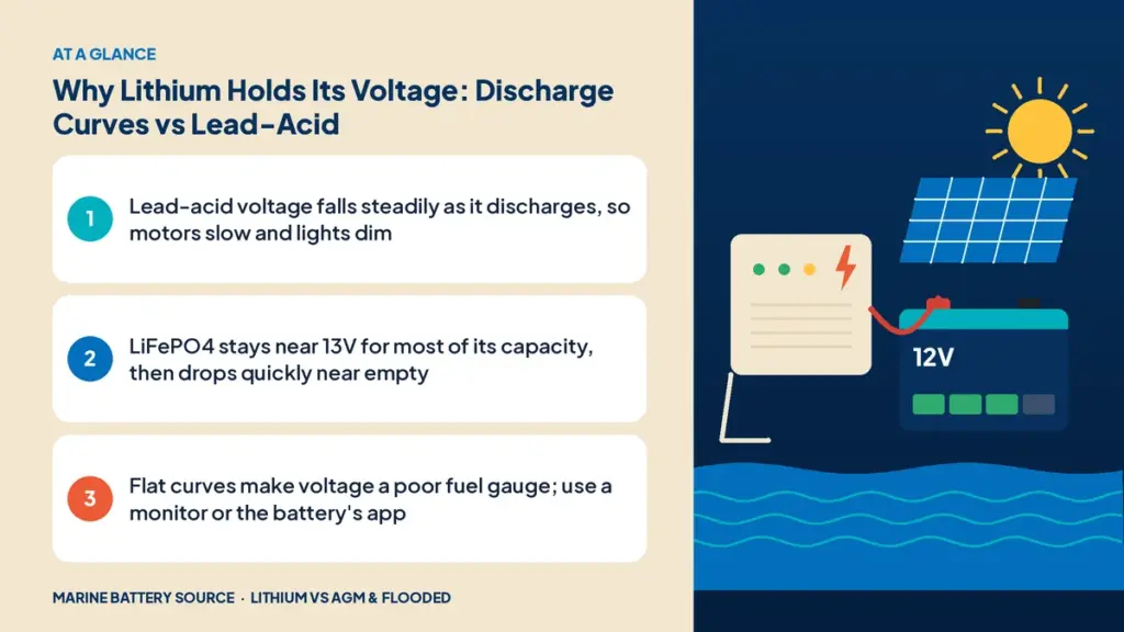 At-a-glance summary: Lead-acid voltage falls steadily as it discharges, so motors slow and lights dim; LiFePO4 stays near 13V for most of its capacity, then drops quickly near empty; Flat curves make voltage a poor fuel gauge; use a monitor or the battery's app