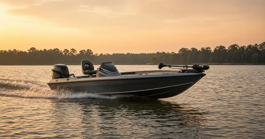 Bass boat running across a calm lake at sunset with its trolling motor stowed on the bow