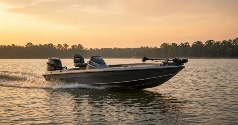 Bass boat running across a calm lake at sunset with its trolling motor stowed on the bow