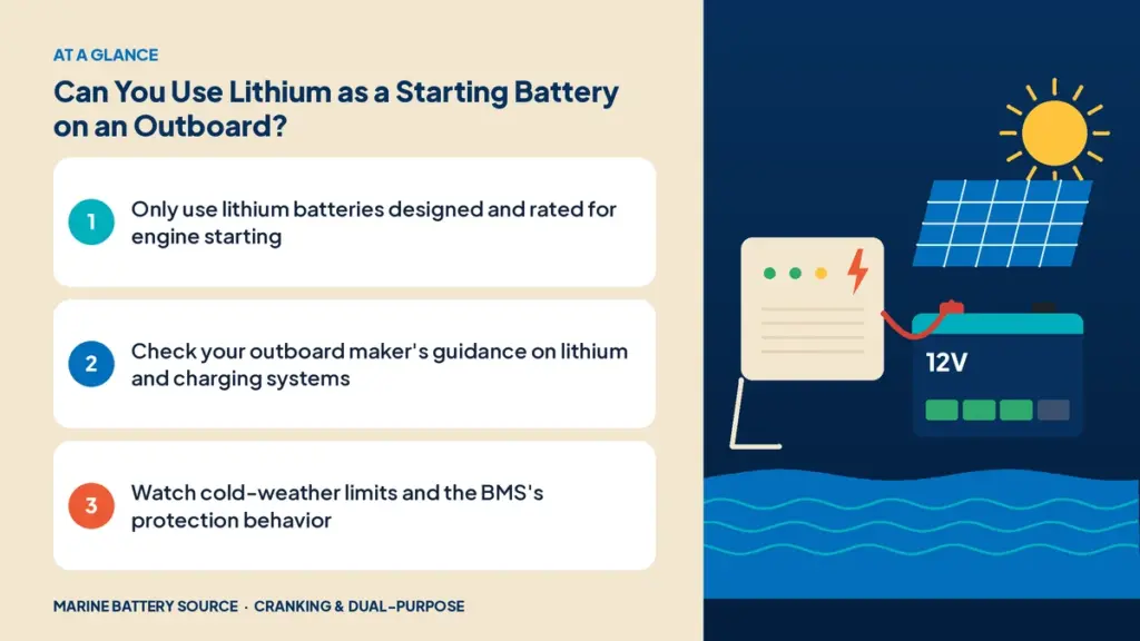 At-a-glance summary: Only use lithium batteries designed and rated for engine starting; Check your outboard maker's guidance on lithium and charging systems; Watch cold-weather limits and the BMS's protection behavior