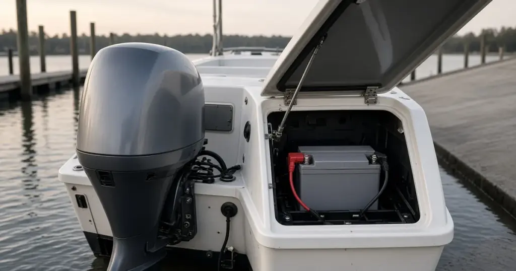 Lithium starting battery in an open stern compartment next to an outboard engine at a marina