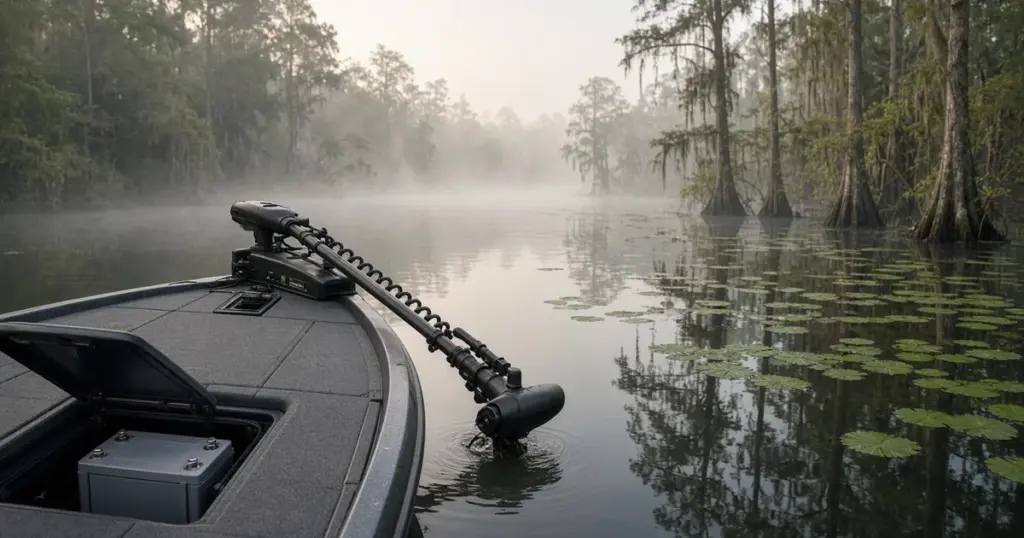 Bass boat bow with a deployed trolling motor and a lithium battery in an open compartment on a misty cypress lake