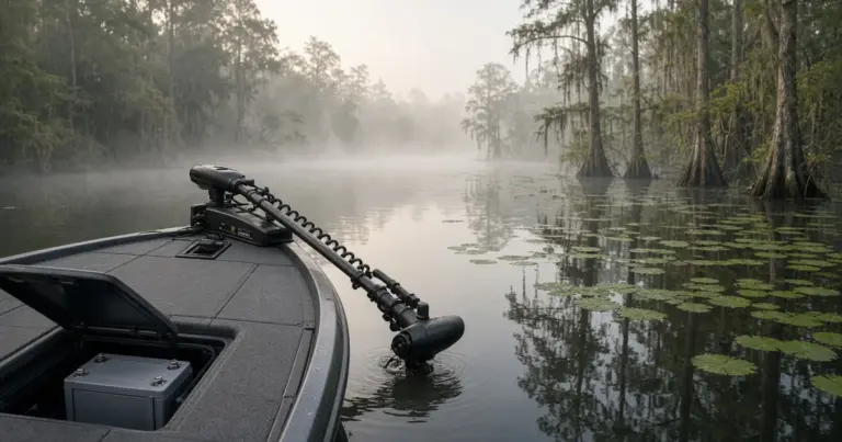 Bass boat bow with a deployed trolling motor and a lithium battery in an open compartment on a misty cypress lake