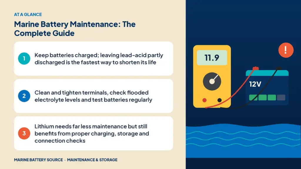 At-a-glance summary: Keep batteries charged; leaving lead-acid partly discharged is the fastest way to shorten its life; Clean and tighten terminals, check flooded electrolyte levels and test batteries regularly; Lithium needs far less maintenance but still benefits from proper charging, storage and connection checks