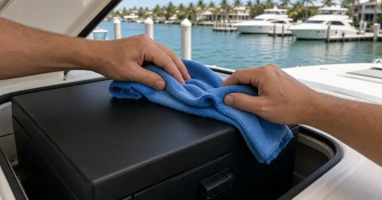 Hands wiping the top of a boat battery with a blue cloth at a sunny marina