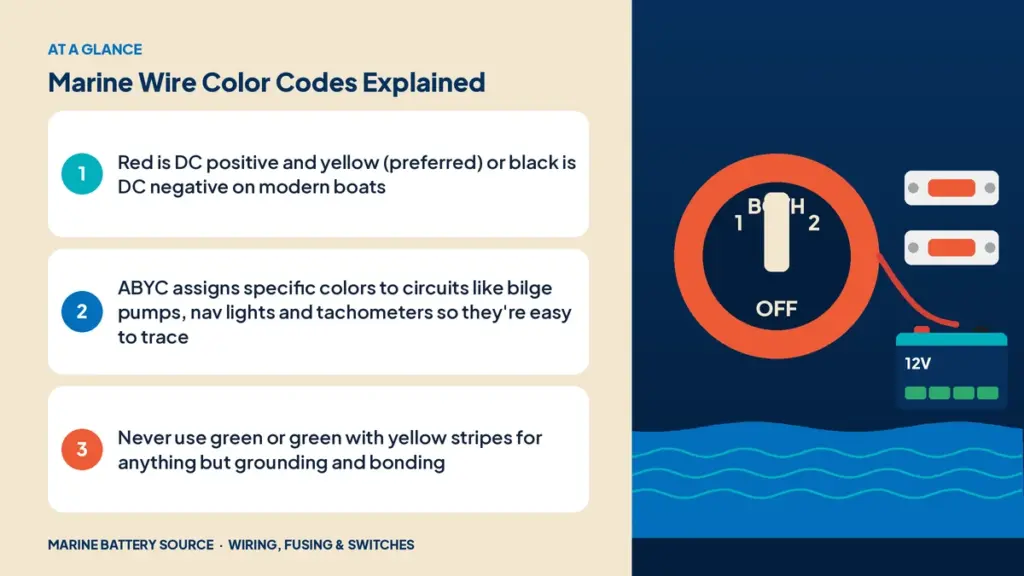 At-a-glance summary: Red is DC positive and yellow (preferred) or black is DC negative on modern boats; ABYC assigns specific colors to circuits like bilge pumps, nav lights and tachometers so they're easy to trace; Never use green or green with yellow stripes for anything but grounding and bonding