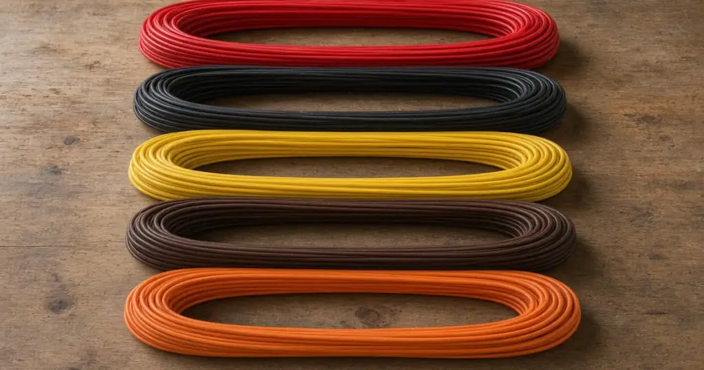 Coils of red, black, yellow, brown and orange marine wire laid out on a wooden bench