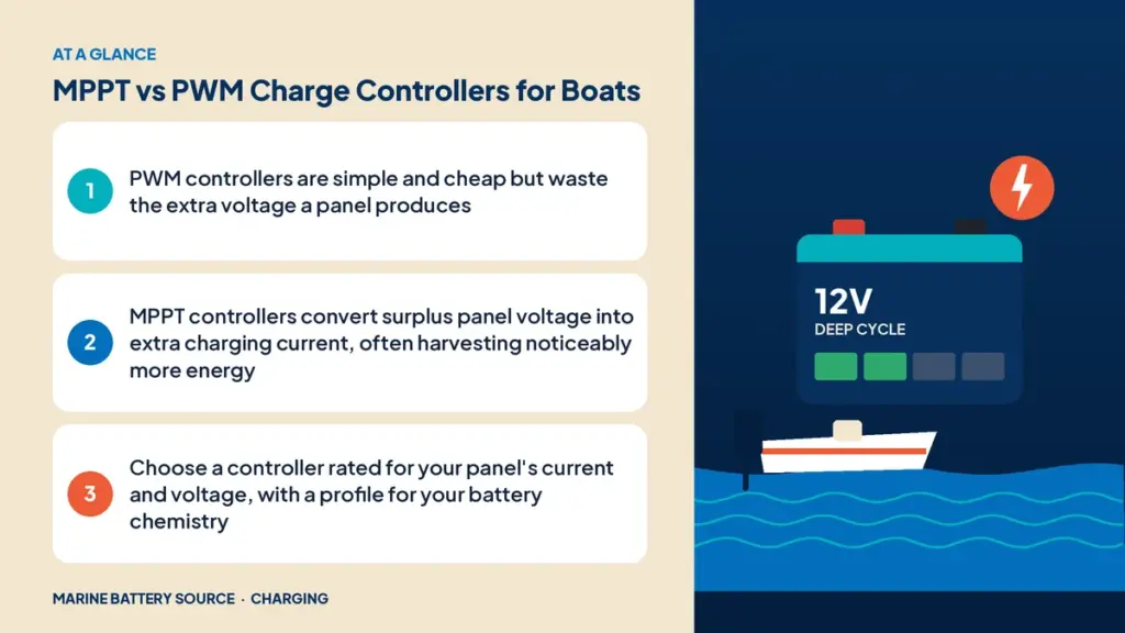 At-a-glance summary: PWM controllers are simple and cheap but waste the extra voltage a panel produces; MPPT controllers convert surplus panel voltage into extra charging current, often harvesting noticeably more energy; Choose a controller rated for your panel's current and voltage, with a profile for your battery chemistry
