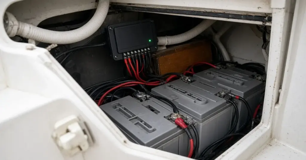 Solar charge controller mounted above a row of batteries in a boat's open battery compartment
