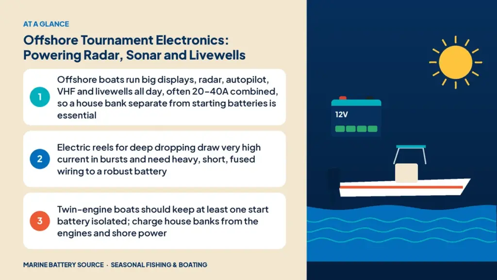 At-a-glance summary: Offshore boats run big displays, radar, autopilot, VHF and livewells all day, often 20–40A combined, so a house bank separate from starting batteries is essential; Electric reels for deep dropping draw very high current in bursts and need heavy, short, fused wiring to a robust battery; Twin-engine boats should keep at least one start battery isolated; charge house banks from the engines and shore power