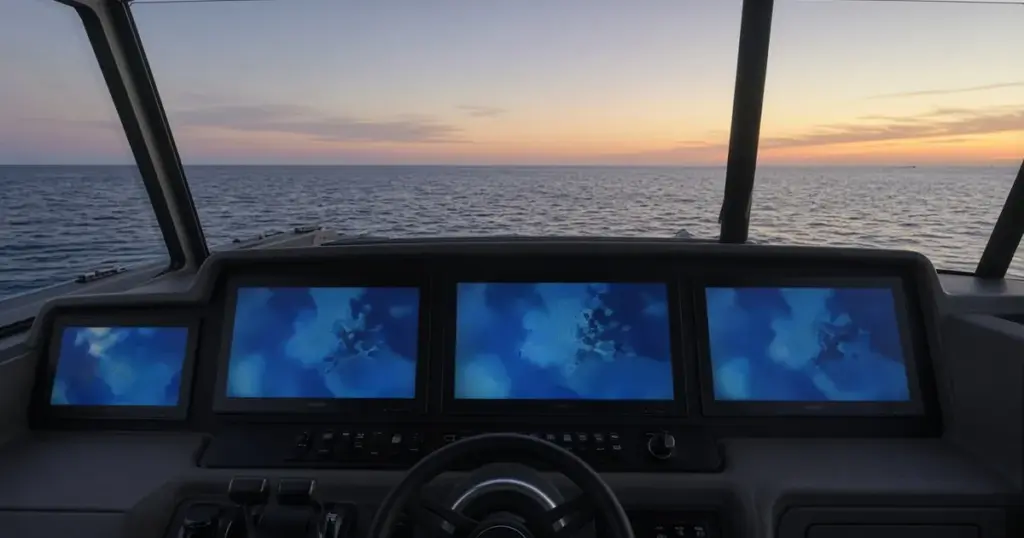 Helm of an offshore boat with three large multifunction displays at sunset