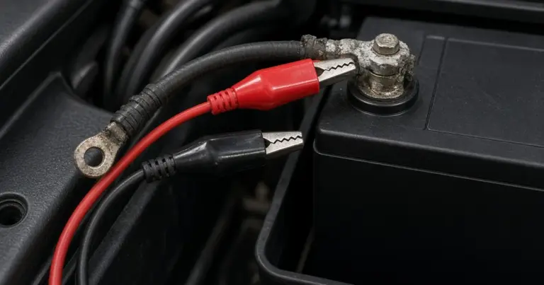 Multimeter leads clipped between a disconnected cable and battery post to test for drain