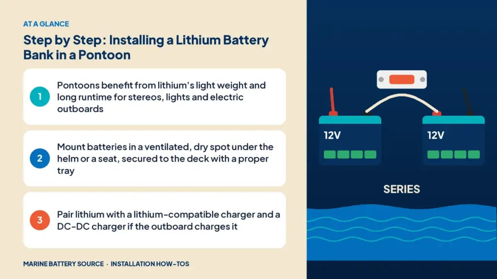 At-a-glance summary: Pontoons benefit from lithium's light weight and long runtime for stereos, lights and electric outboards; Mount batteries in a ventilated, dry spot under the helm or a seat, secured to the deck with a proper tray; Pair lithium with a lithium-compatible charger and a DC-DC charger if the outboard charges it