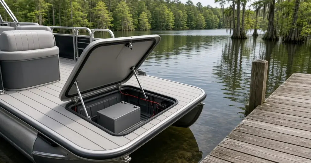 Pontoon deck hatch open to show a battery compartment, with cypress trees along the water