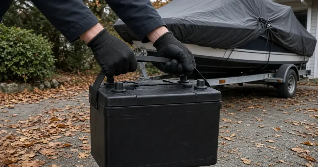 Gloved hands lifting a battery from a covered boat on a trailer with autumn leaves on the ground