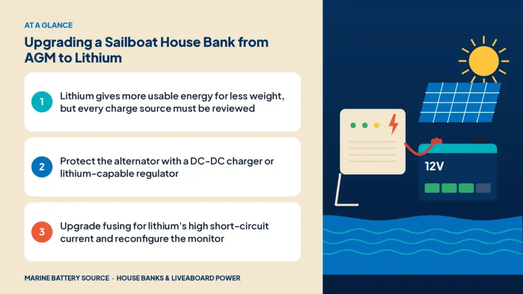 At-a-glance summary: Lithium gives more usable energy for less weight, but every charge source must be reviewed; Protect the alternator with a DC-DC charger or lithium-capable regulator; Upgrade fusing for lithium's high short-circuit current and reconfigure the monitor