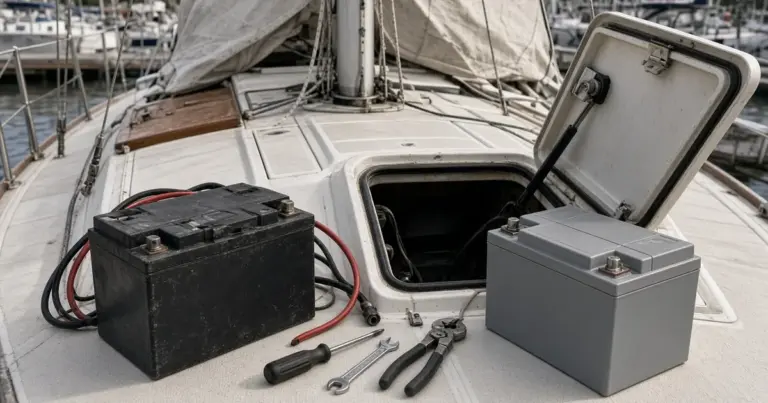 Old AGM battery beside a new lithium battery and tools on a sailboat deck next to an open hatch
