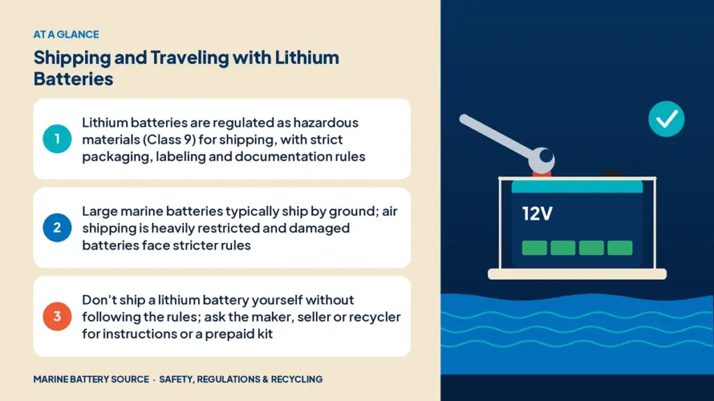 At-a-glance summary: Lithium batteries are regulated as hazardous materials (Class 9) for shipping, with strict packaging, labeling and documentation rules; Large marine batteries typically ship by ground; air shipping is heavily restricted and damaged batteries face stricter rules; Don't ship a lithium battery yourself without following the rules; ask the maker, seller or recycler for instructions or a prepaid kit