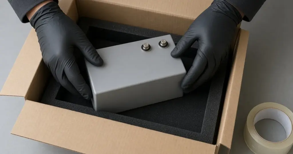 Gloved hands packing a lithium battery into a foam-lined shipping box