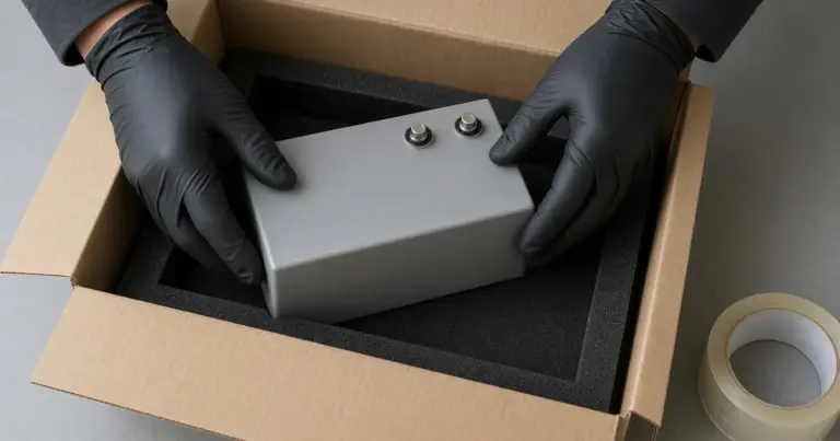 Gloved hands packing a lithium battery into a foam-lined shipping box