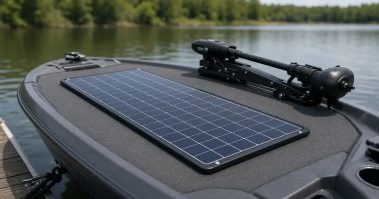 Flexible solar panel on the bow deck of a fishing boat beside a stowed trolling motor