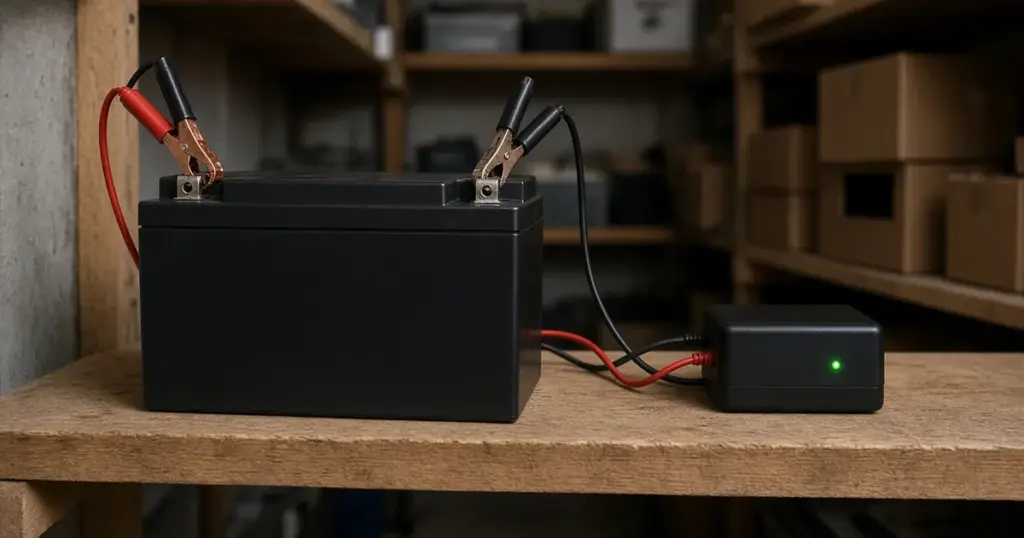 Battery on a garage shelf connected to a maintainer with a green light
