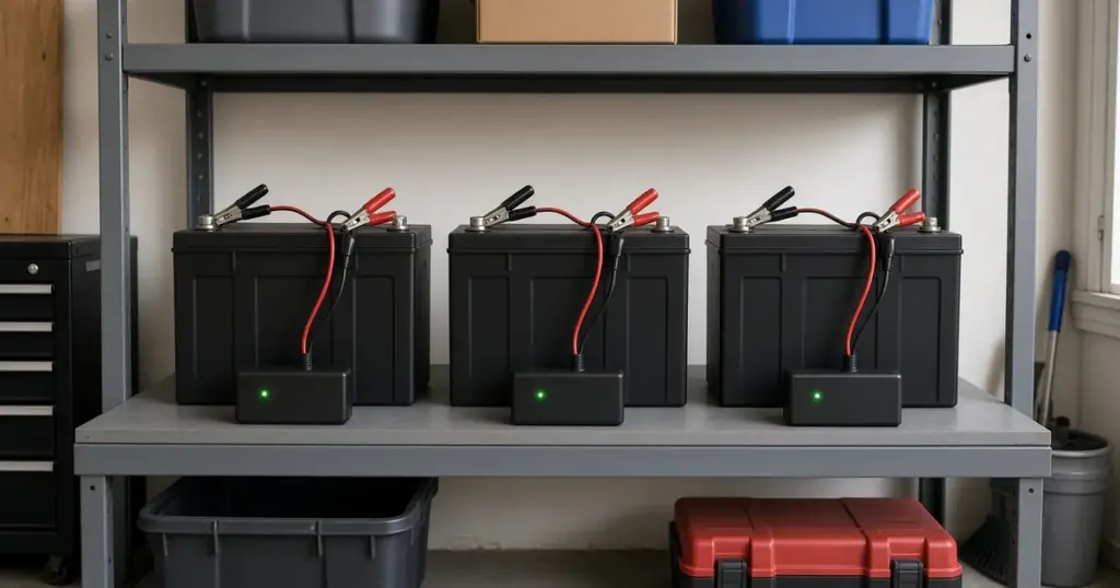 Three batteries on a garage shelf, each connected to its own maintainer