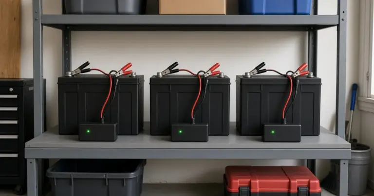 Three batteries on a garage shelf, each connected to its own maintainer