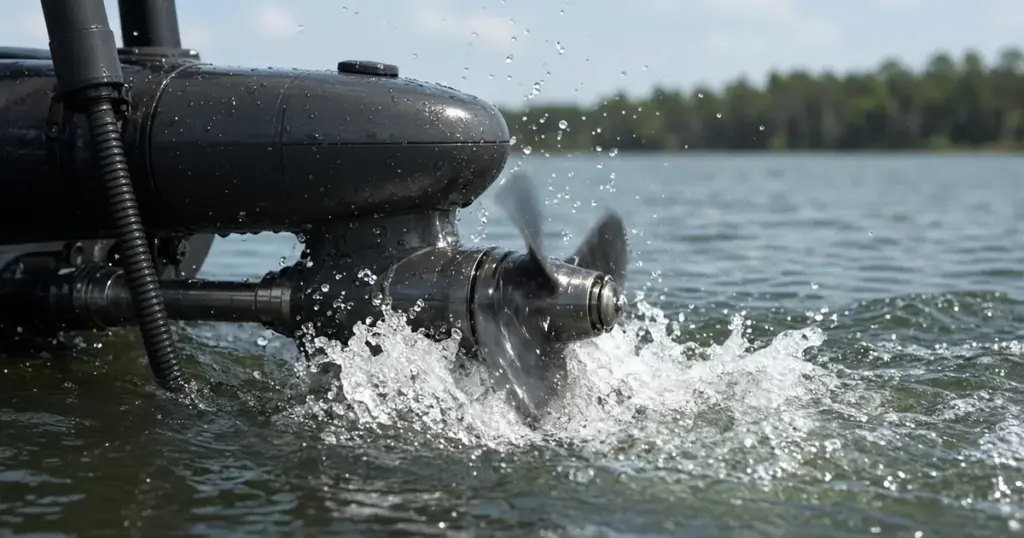 Trolling motor propeller churning white water at the surface of a lake