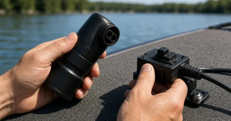 Hands holding a trolling motor plug beside its deck receptacle on a fishing boat