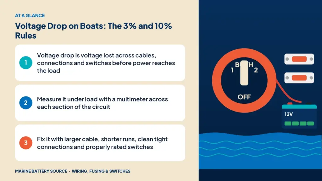 At-a-glance summary: Voltage drop is voltage lost across cables, connections and switches before power reaches the load; Measure it under load with a multimeter across each section of the circuit; Fix it with larger cable, shorter runs, clean tight connections and properly rated switches