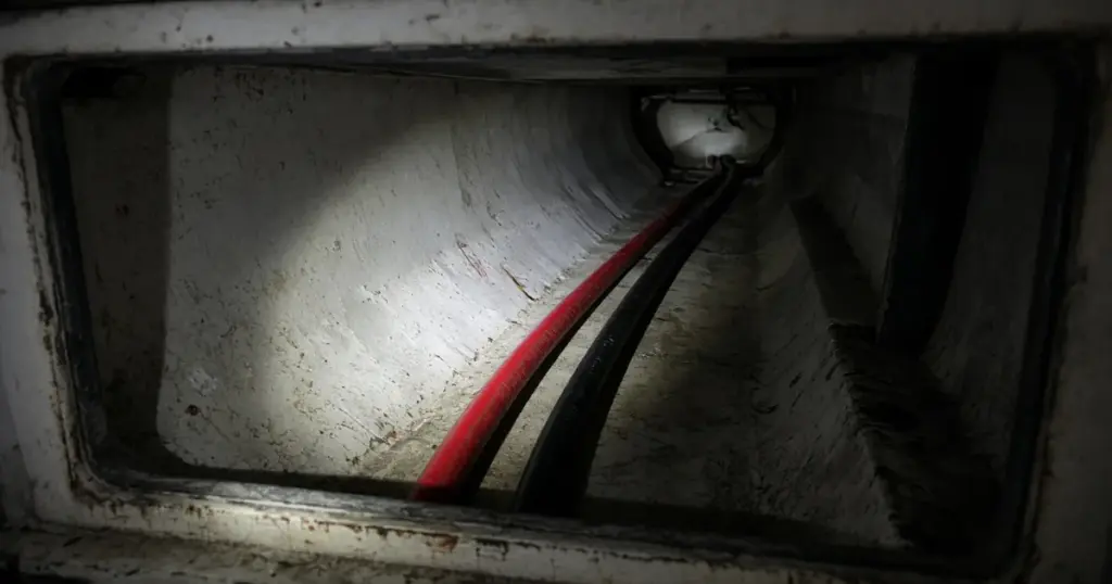Long red and black cable run passing through an access opening inside a boat hull