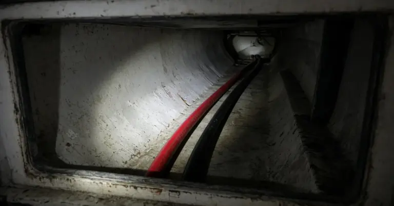 Long red and black cable run passing through an access opening inside a boat hull