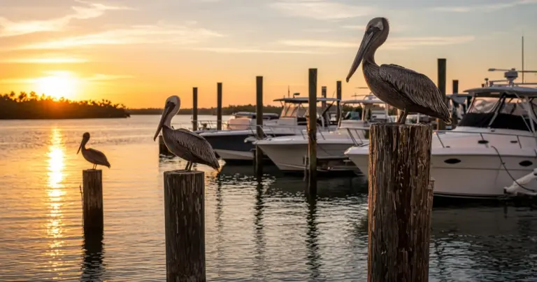 Pelicans on dock pilings beside moored boats at sunset
