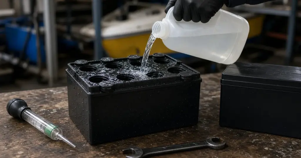 Gloved hand pouring distilled water into an open flooded battery beside a sealed AGM battery, with a hydrometer and wrench on the bench