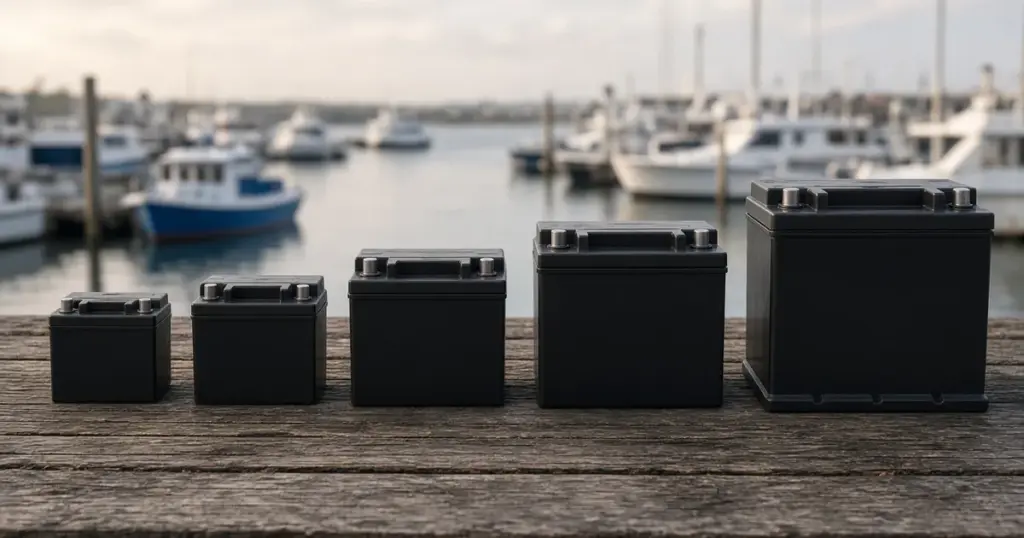 Five marine batteries lined up from smallest to largest on a wooden dock at a marina