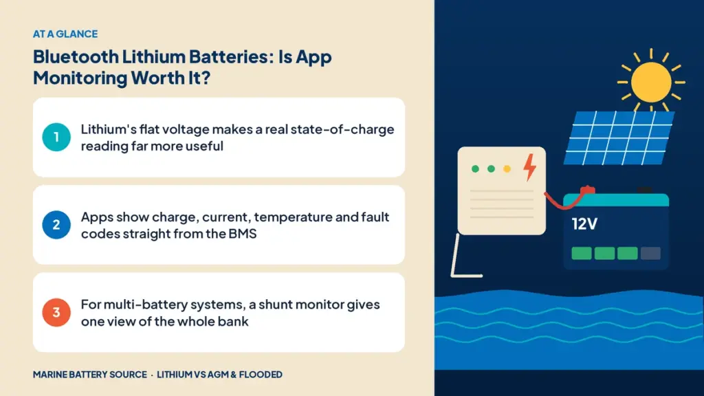 At-a-glance summary: Lithium's flat voltage makes a real state-of-charge reading far more useful; Apps show charge, current, temperature and fault codes straight from the BMS; For multi-battery systems, a shunt monitor gives one view of the whole bank
