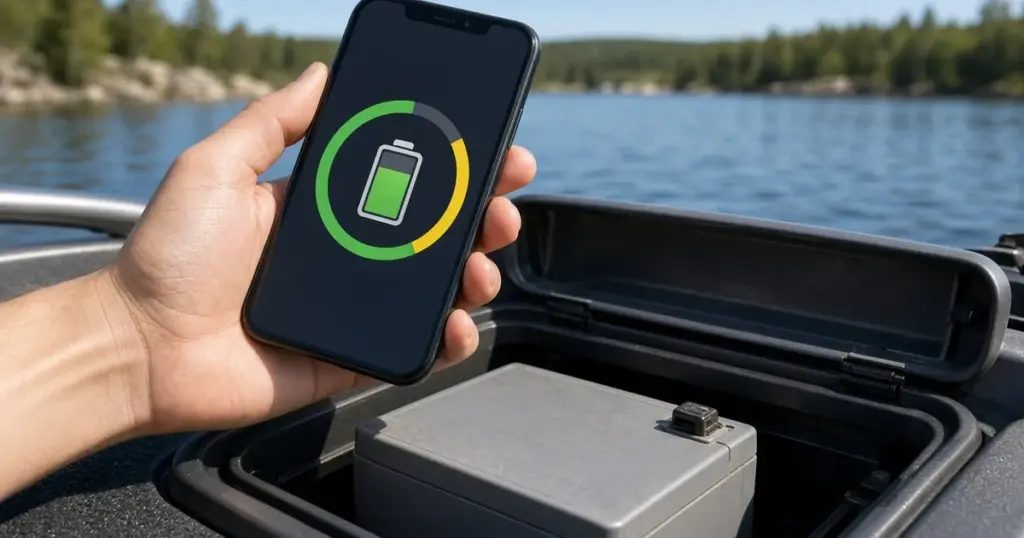Hand holding a smartphone with a battery charge icon above an open compartment holding a lithium battery on a lake boat