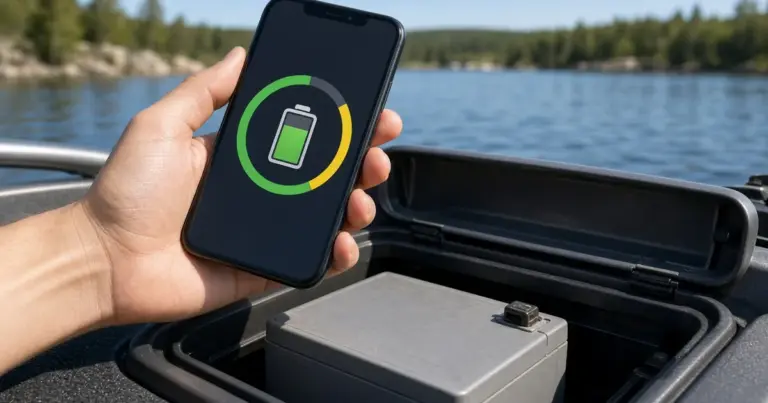 Hand holding a smartphone with a battery charge icon above an open compartment holding a lithium battery on a lake boat