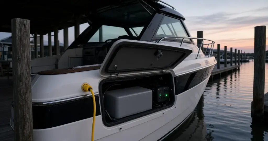 Shore power cord plugged into a docked boat with a lithium battery and charger visible in an open side compartment at dusk