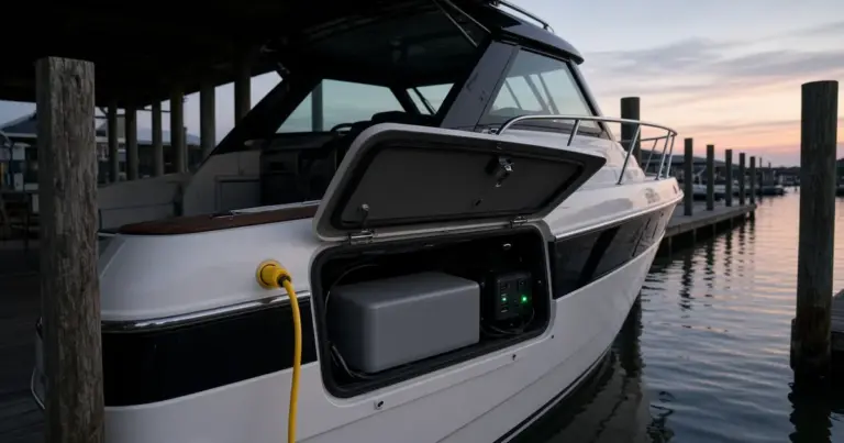 Shore power cord plugged into a docked boat with a lithium battery and charger visible in an open side compartment at dusk