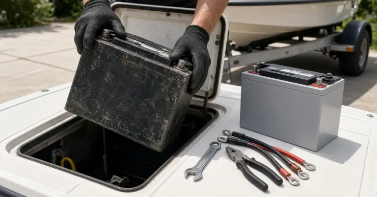 Gloved hands lifting an old lead-acid battery out of a boat compartment beside its lithium replacement, with tools on the deck