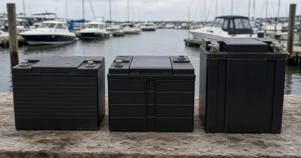 Three marine batteries of different sizes side by side on a marina dock