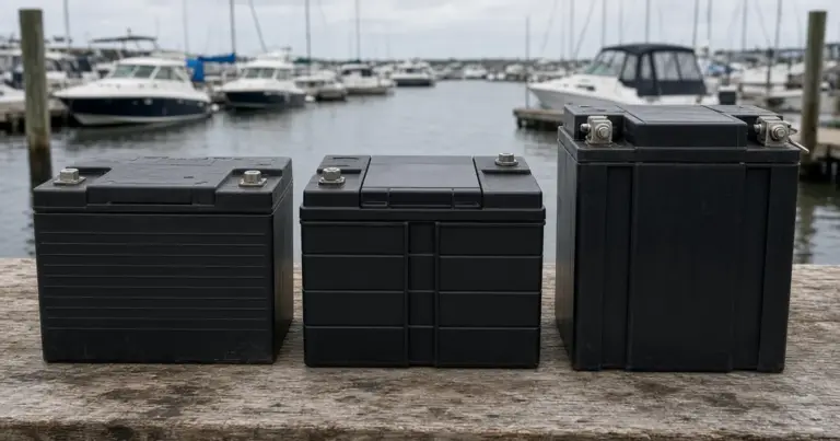 Three marine batteries of different sizes side by side on a marina dock