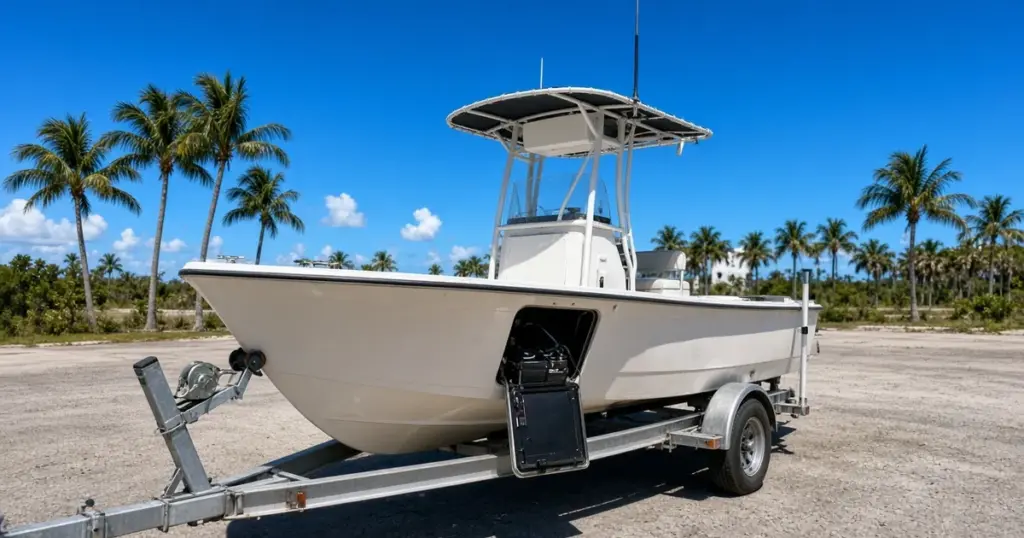Center console on a trailer under hot sun with palm trees, battery compartment hatch open