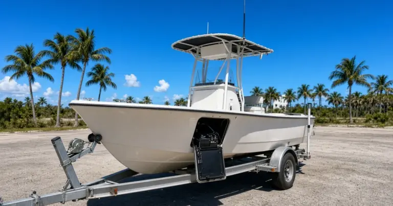 Center console on a trailer under hot sun with palm trees, battery compartment hatch open